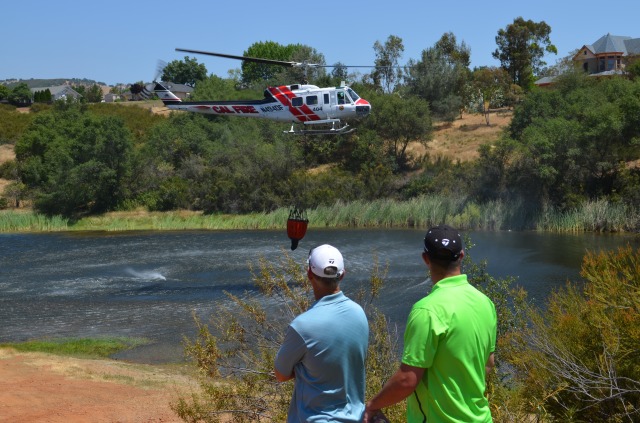 Cal Fire helicopter dipping into Stabilus Pond in Rancho Calaveras June 2013 